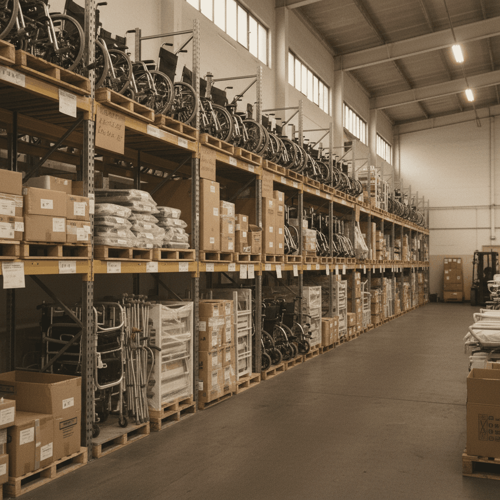 Organized medical equipment warehouse inventory ready for rapid procurement