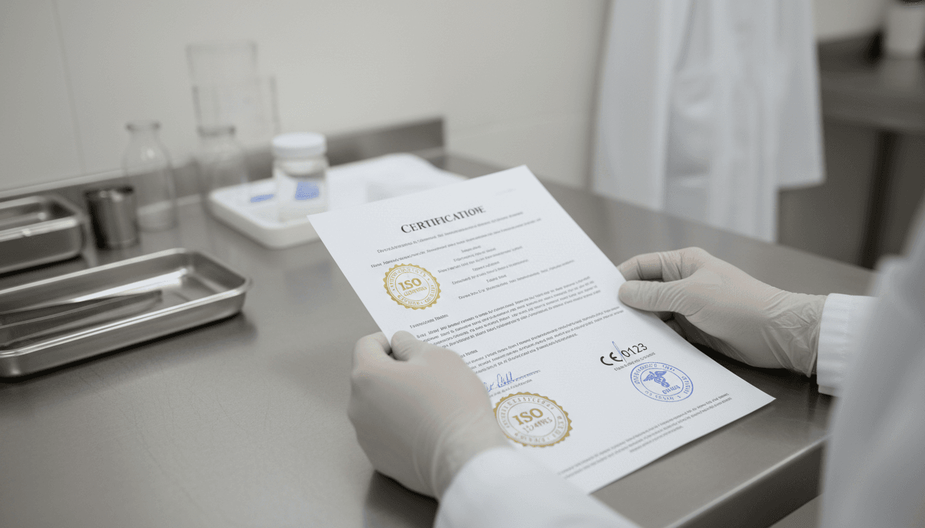 Compliance officer reviewing medical equipment certifications