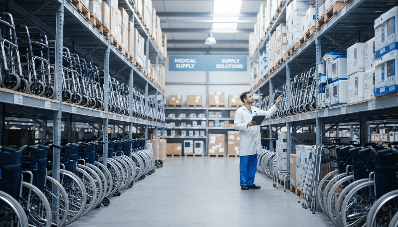Medical equipment warehouse with organized DME inventory and procurement specialist