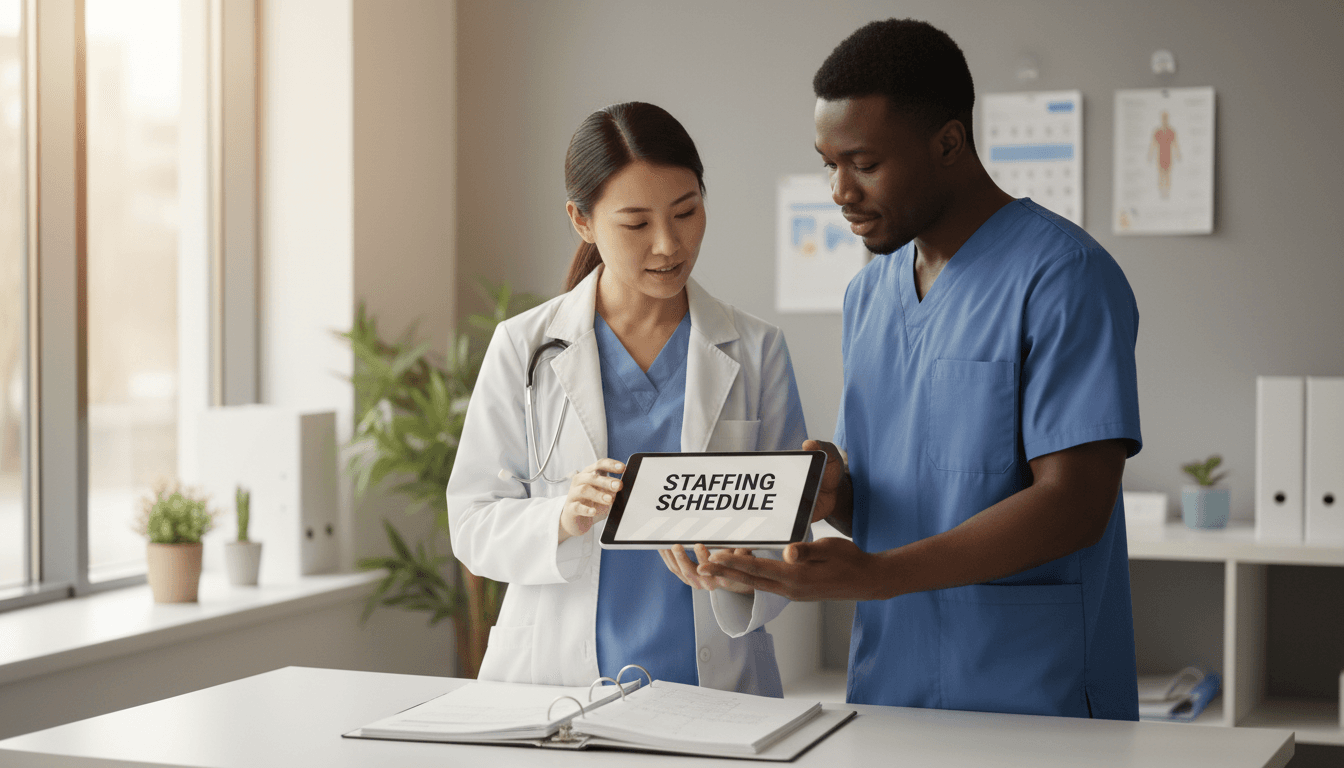 Healthcare staffing professionals reviewing qualifications and compliance documentation