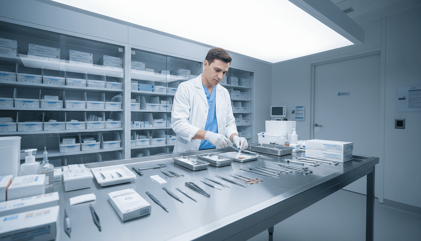 Healthcare professional organizing durable medical equipment in clinical setting