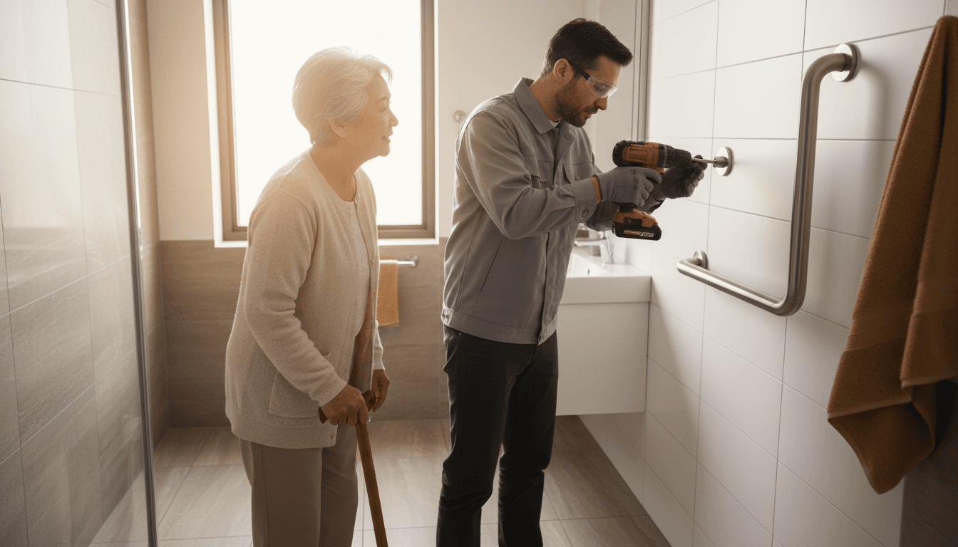Home safety installation professional adding ADA-compliant grab bars to bathroom