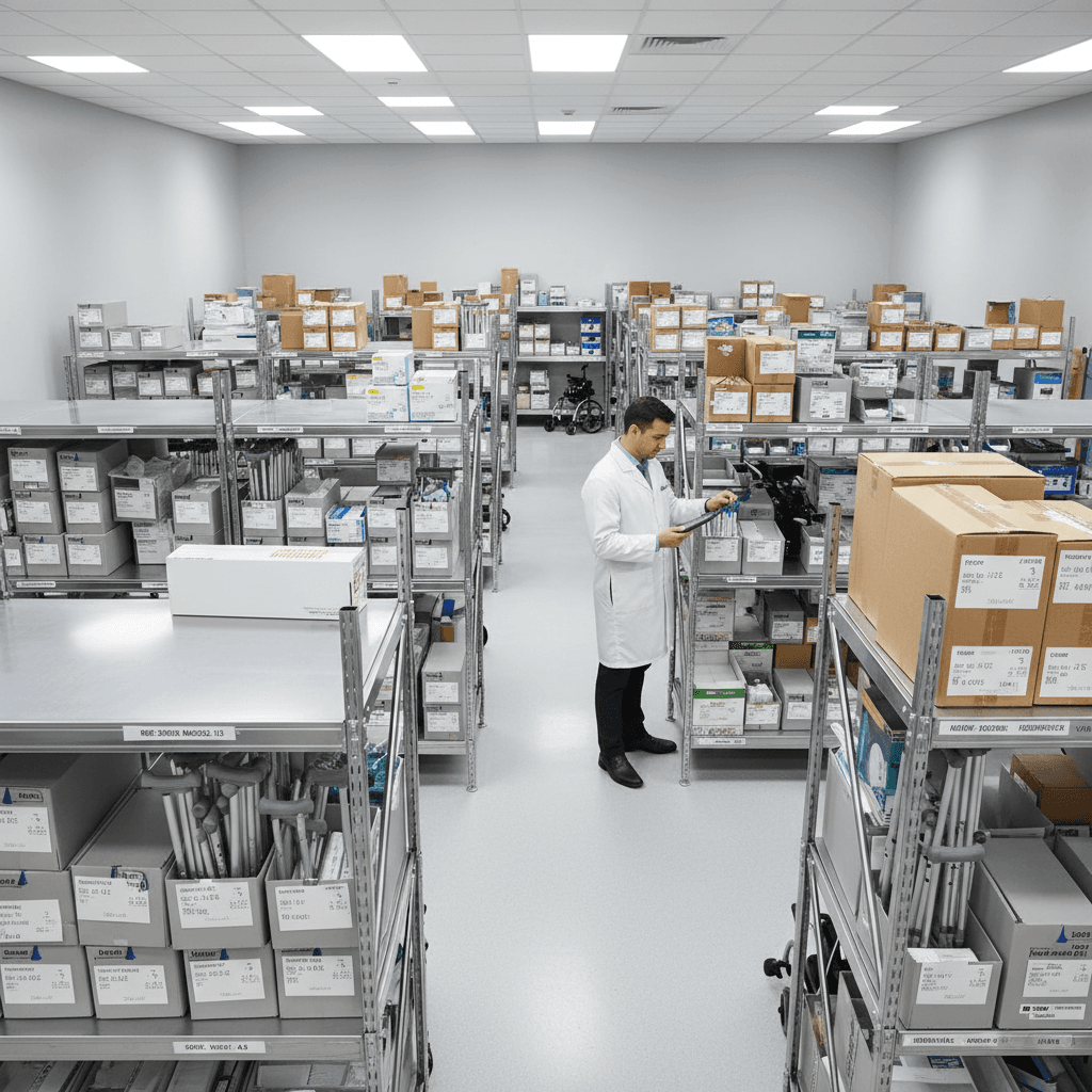 Organized medical equipment inventory stored and labeled according to compliance standards
