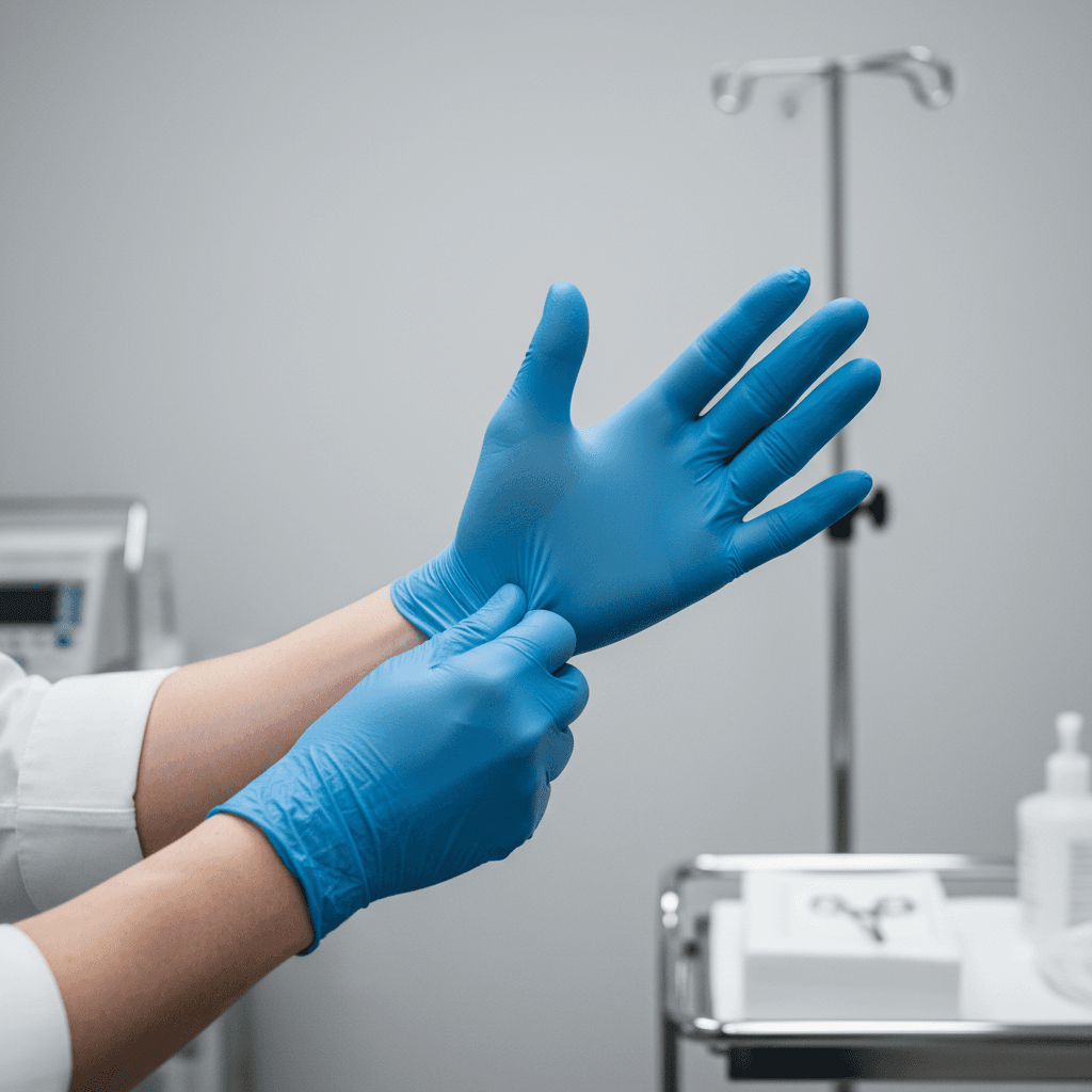 Healthcare professional properly donning medical-grade gloves following HIPAA protocols