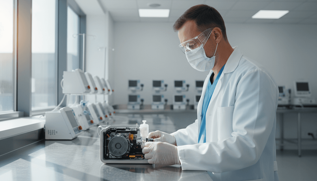 Healthcare professional inspecting medical equipment with precision
