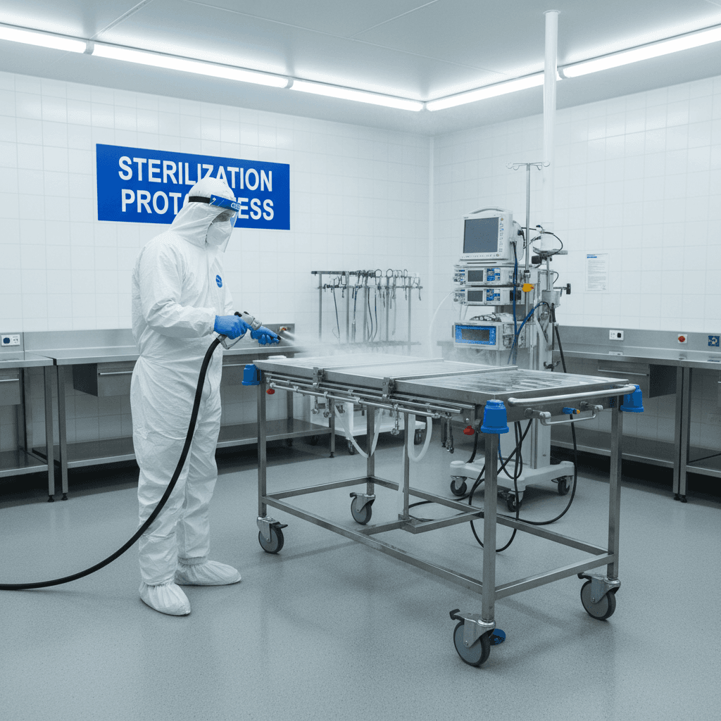 Medical-grade equipment sanitization process using professional disinfection standards