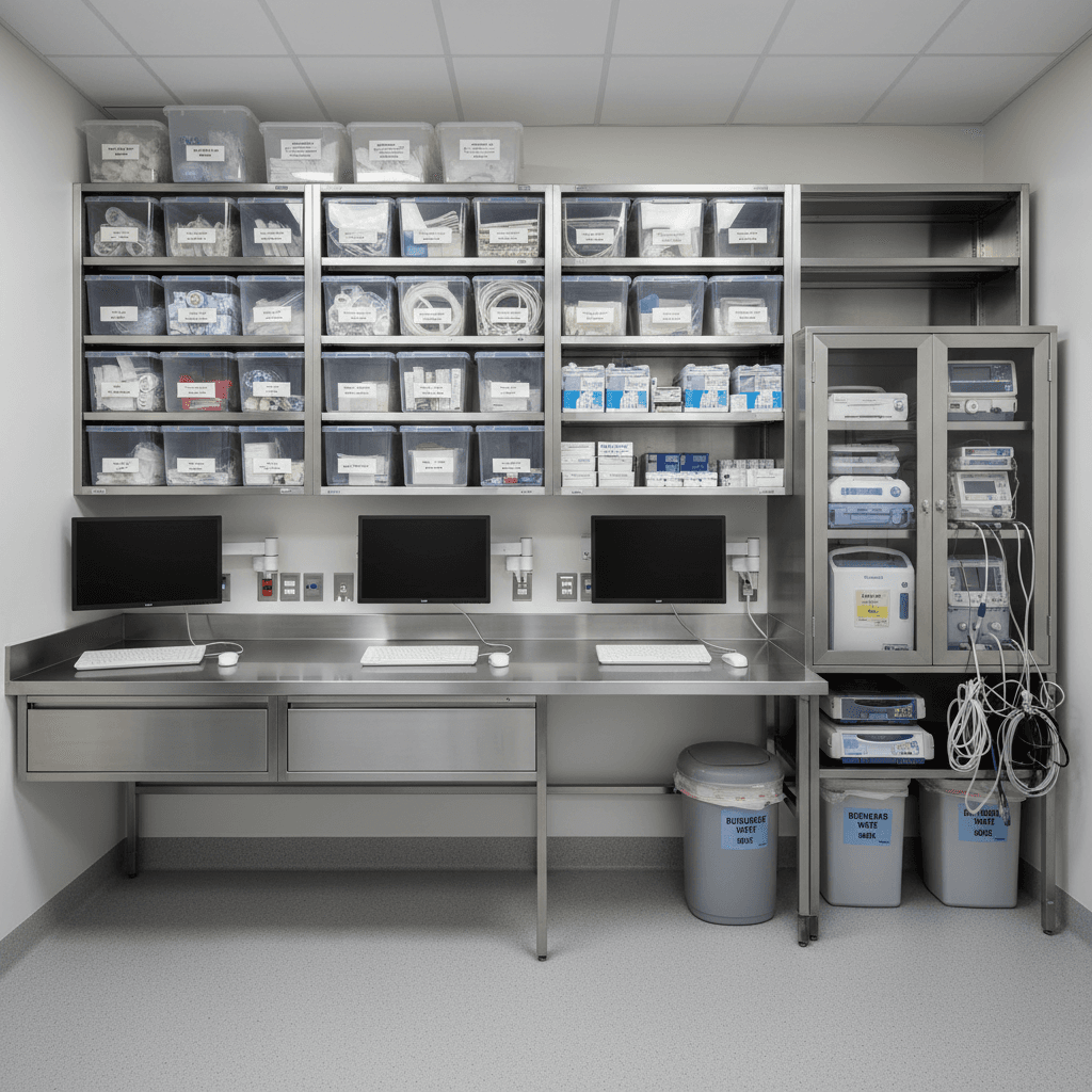 HIPAA-compliant healthcare workspace with organized medical equipment and sanitized surfaces